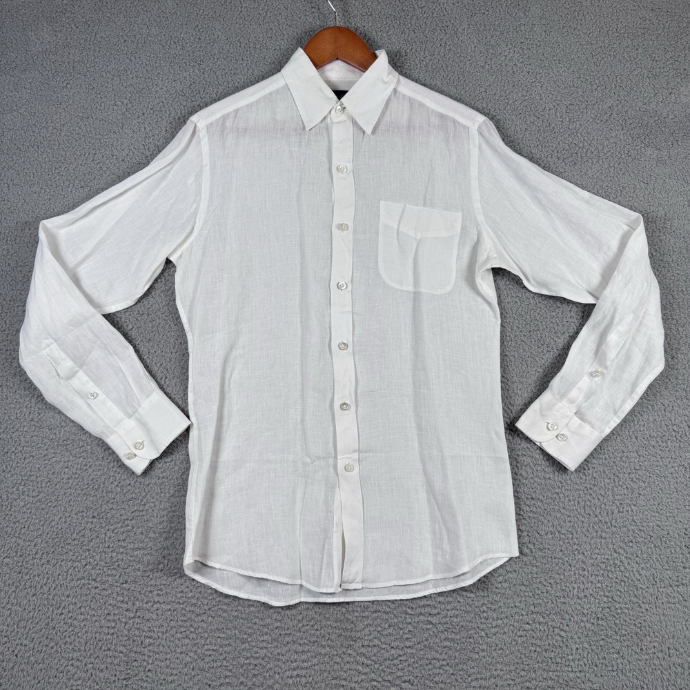 Ralph Lauren Purple Label Shirt Mens Medium 15 White 100% Linen Made In Italy